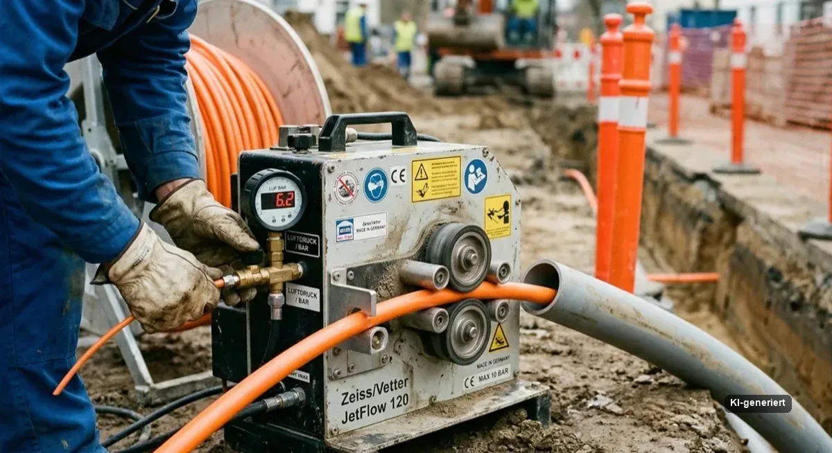 Glasfaser-Einblasmaschine im Einsatz an einer Baustelle, orangenes Leerrohr wird eingeblasen (KI-generiertes Symbolbild)