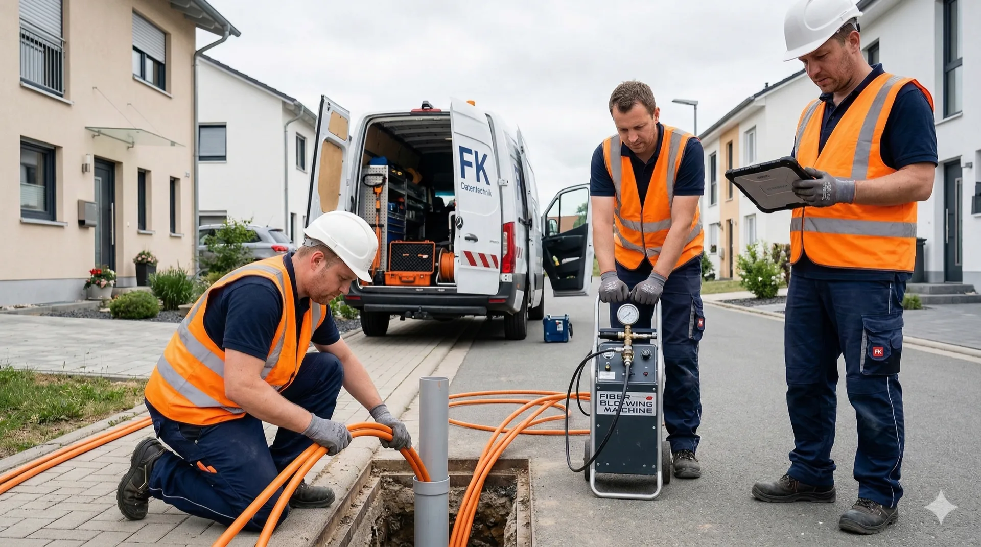 FK Datentechnik Team bei Glasfaser-Installation: drei Monteure mit Einblasmaschine und orangenen Glasfaserkabeln an einer Baustelle
