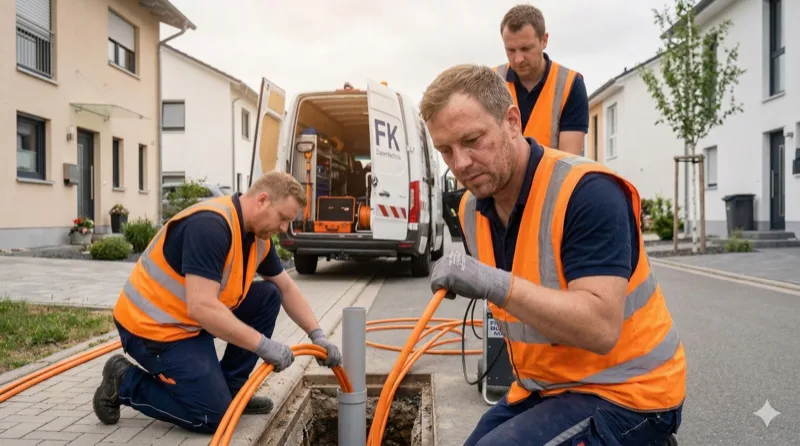 Glasfaser-Einblasung: zwei Monteure verlegen orangenes Glasfaserkabel in Strassengraben