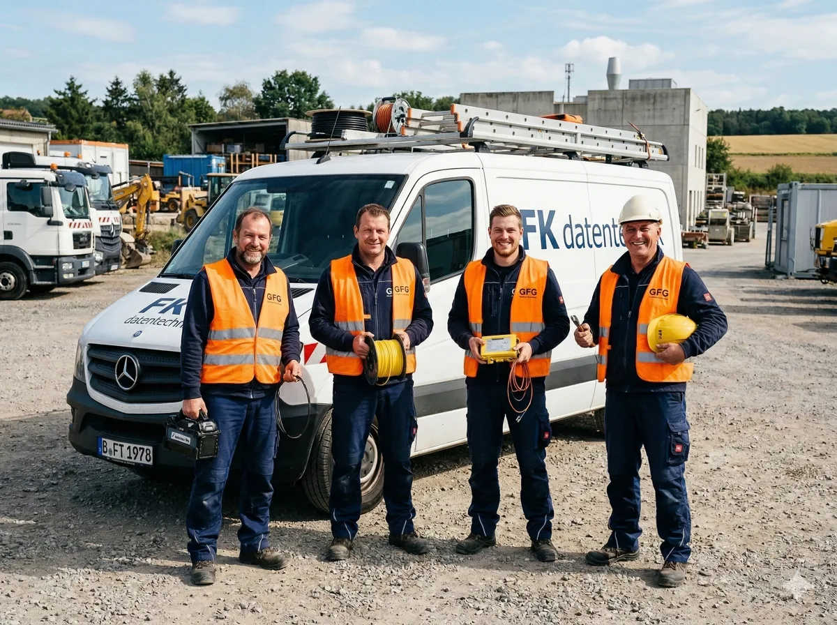 Das FK Datentechnik Team: vier Monteure mit Werkzeug und Messgeraeten vor dem Firmenfahrzeug