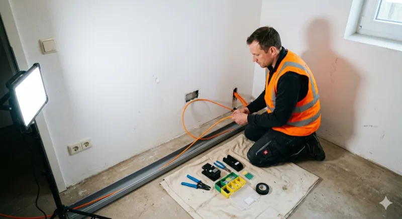 Glasfaser-Verkabelung: Monteur verlegt Glasfaserkabel fachgerecht in Gebaeude